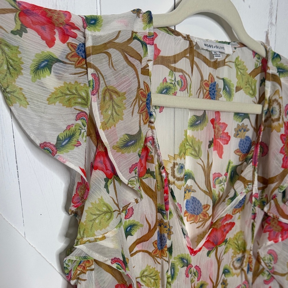 Rose & Olive Sheer Floral V Neck Ruffle Top White Pink Green - Picture 4 of 7